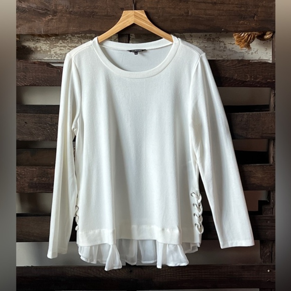 🟠NWT HANNAH Tunic with Sheer Ruffle Underlayer and Side Tie Detail in Ivory LG
